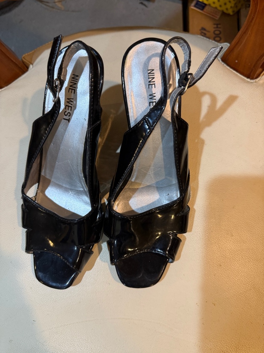 Nine West Black Patent Slingback Peep Toe Heels sophisticated church sunday work